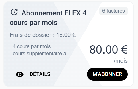 Abonnement FIXE 4 cours par semaine 80 euros